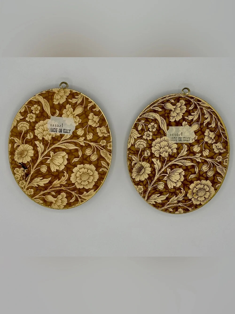 Vintage Pair Oval Gold Framed Wall Art Floral & Scenic Made in Italy